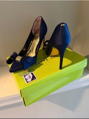 Ted Baker Navy Satin Pointed Toe Bow Stilettos with Gold Accent